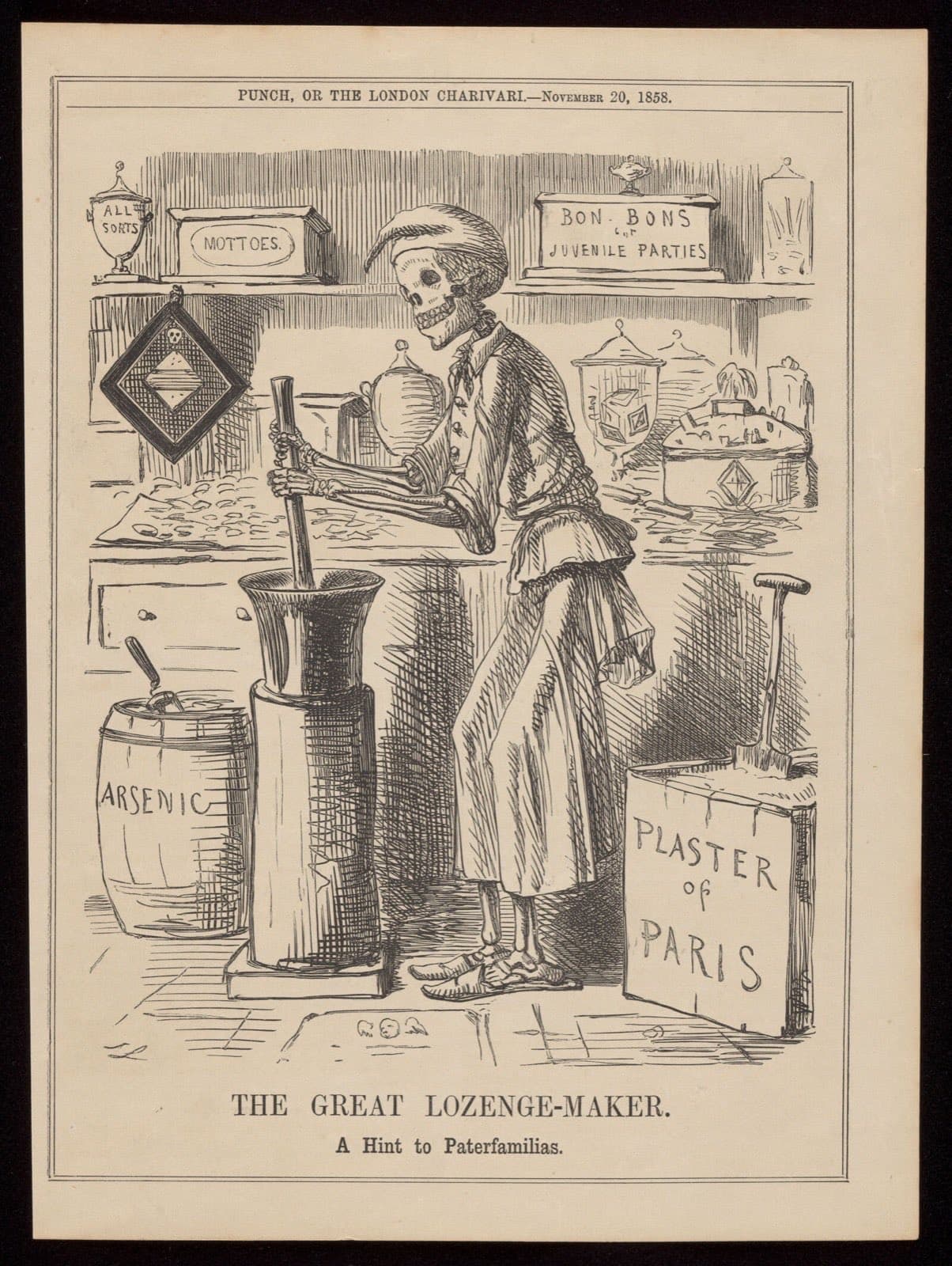 John Leech’s 1858 wood engraving ‘The Great Lozenge-Maker’: a skeletal figure of Death in an apron grinding poison to make sweets.
