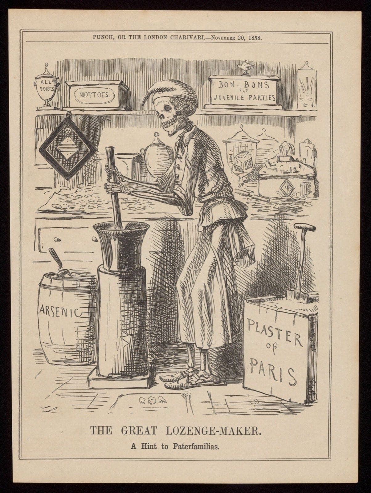 John Leech’s 1858 wood engraving ‘The Great Lozenge-Maker’: a skeletal figure of Death in an apron grinding poison to make sweets.