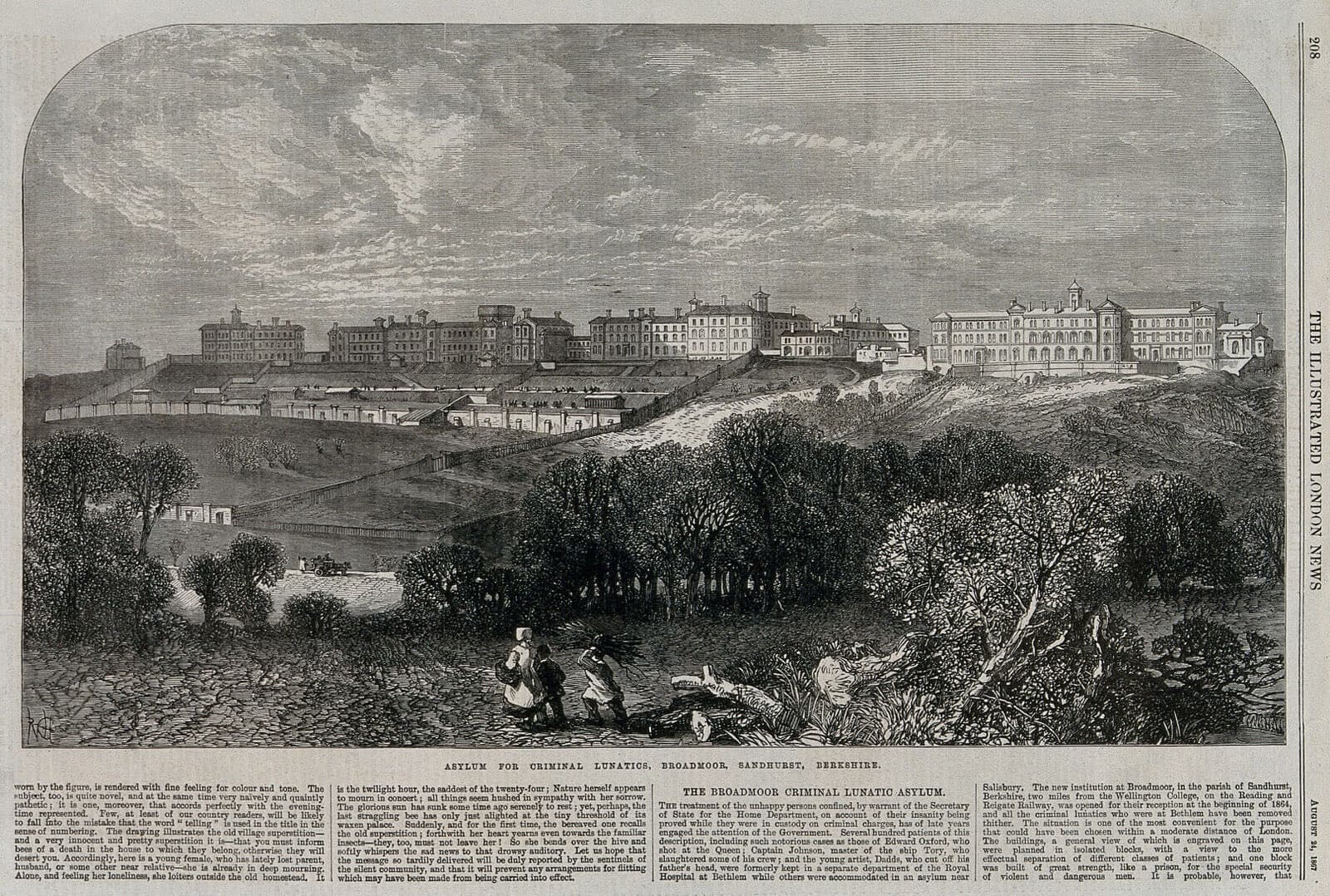 A wood engraving of Broadmoor Criminal Lunatic Asylum, a long Victorian institutional building viewed across open grounds.