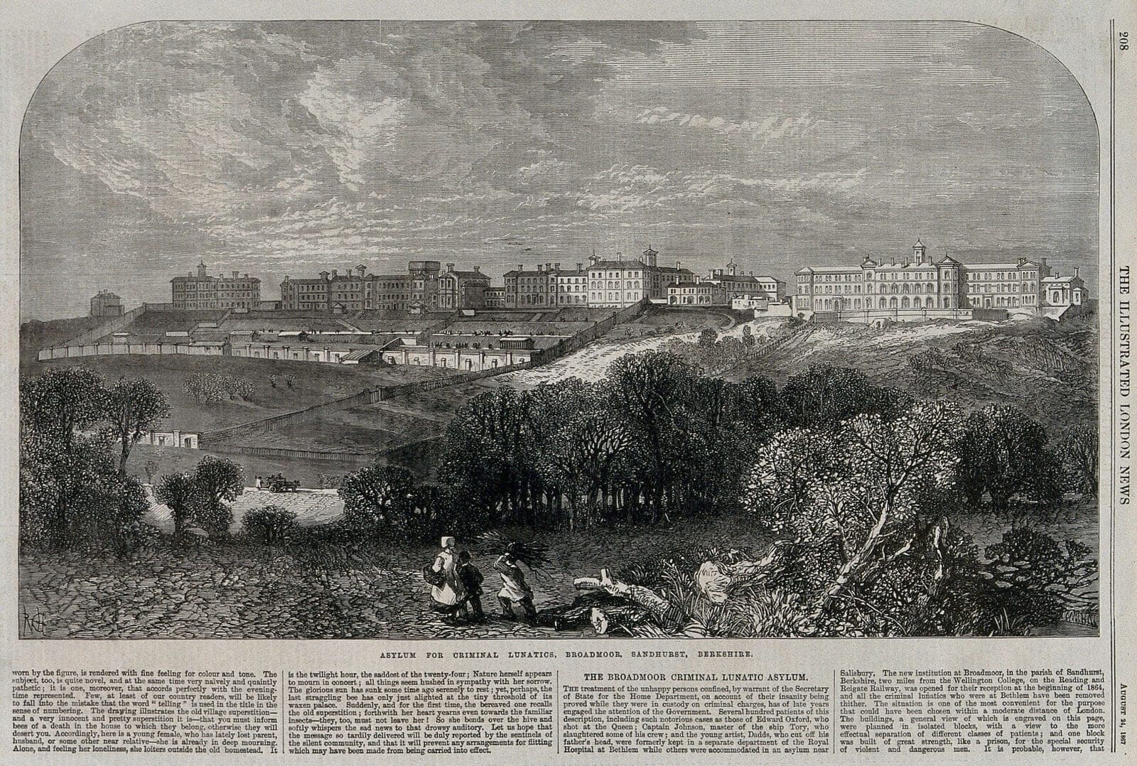 A wood engraving of Broadmoor Criminal Lunatic Asylum, a long Victorian institutional building viewed across open grounds.