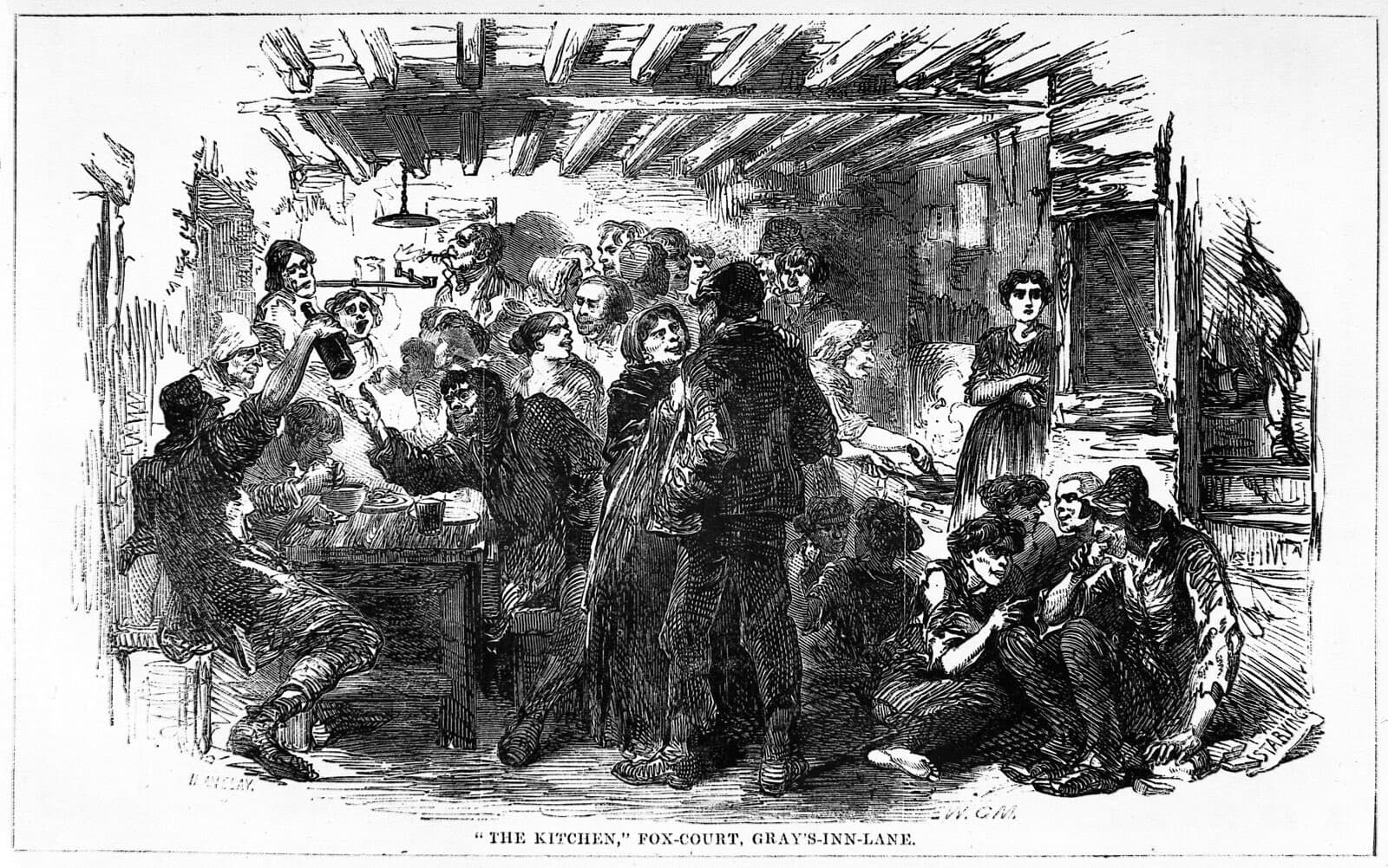 A line engraving of a crowded, dilapidated kitchen in a poor London lodging house, with figures gathered around a hearth.